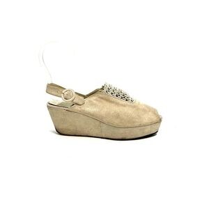 Vintage 1980s tan suede peep toe platform wedge slingback sandals